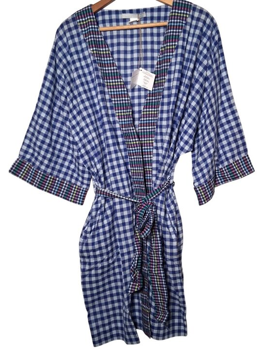 Noonday Collection Other - Noonday Collection Robe M/L Scrunchie Blue Gingham Check Lightweight Lounge